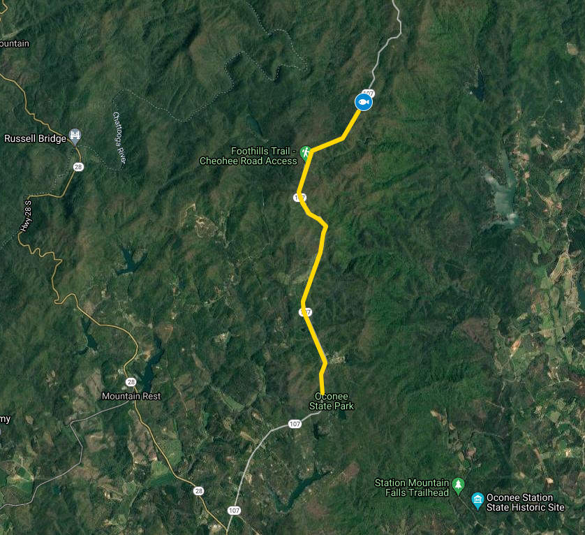 map of highway 107 with yellow line drawn between Oconee State Park and the old Burrell's Place, which is indicated with a fish icon